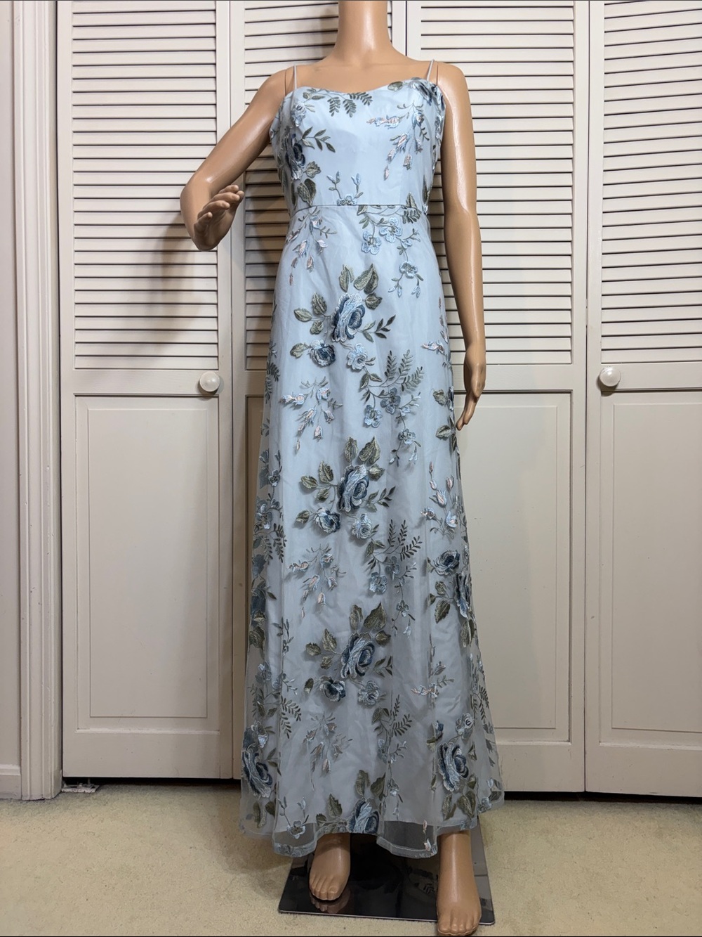 Jenny Yoo Pale Blue Spaghetti Strap Floral Embroidered Maxi Dress